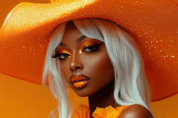 Poster -  A beautiful black woman with white hair in an orange witch hat, wearing vibrant makeup and adorned with glittery accents, posing for the camera against a bright background. 