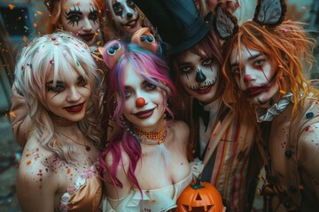 Poster - Group of friends dressed in various Halloween costumes, clown costume with colorful hair, devil costume, pose for photo in festive atmosphere with confetti indoors.