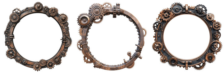 three steampunk gears frames, detailed design, white isolate background. on transparent cutout, png 