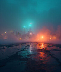 A deserted space with a cityscape backdrop is illuminated by a vibrant glow, surrounded by haze and a dark, damp pavement._00001_