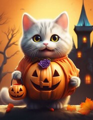 Friendly cat dressed as a pumpkin on halloween