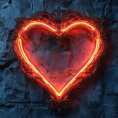 Wall Mural - neon sign the shape of a glowing heart frame with intricate details set against a textured dark wall