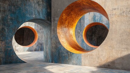 Wall Mural - Abstract architectural design with circular openings and rusty brown accents on concrete walls.