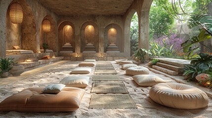 Wall Mural - A meditation room with a calm atmosphere, perfect for mindfulness and relaxation.