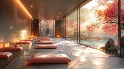 Wall Mural - A meditation room with a calm atmosphere, perfect for mindfulness and relaxation.