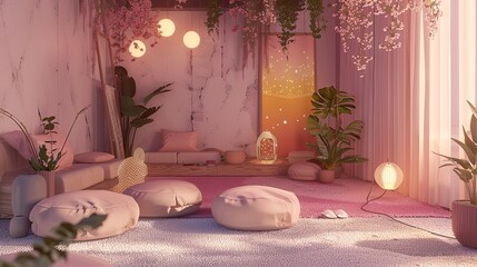 Wall Mural - A meditation room with a calm atmosphere, perfect for mindfulness and relaxation.