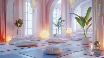 Wall Mural - A meditation room with a calm atmosphere, perfect for mindfulness and relaxation.