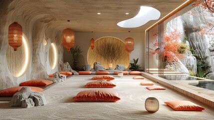 Wall Mural - A meditation room with a calm atmosphere, perfect for mindfulness and relaxation.