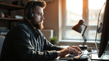 Software developer wearing headphones is developing software in his office