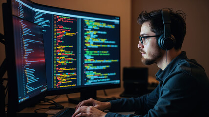 Software developer wearing headphones is developing software in his office