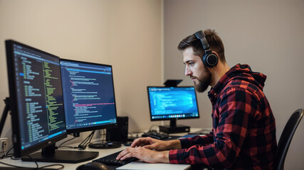 Software developer wearing headphones is developing software in his office