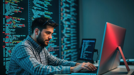 Software developer wearing headphones is developing software in his office