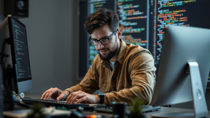 Software developer wearing headphones is developing software in his office