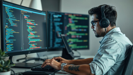Software developer wearing headphones is developing software in his office