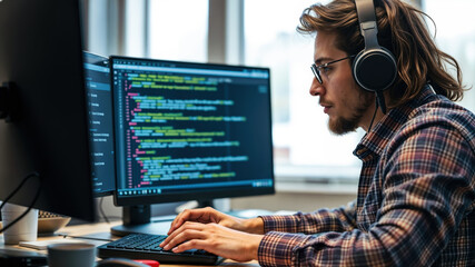 Software developer wearing headphones is developing software in his office