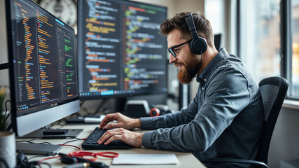 Software developer wearing headphones is developing software in his office