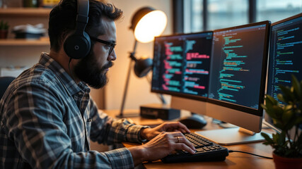 Software developer wearing headphones is developing software in his office