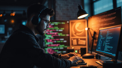 Software developer wearing headphones is developing software in his office