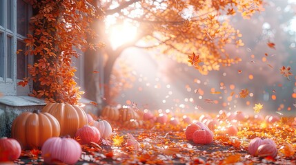 Wall Mural - Autumn landscape with soft orange and pink leaves, pastel colored pumpkins.