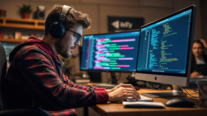 Software developer wearing headphones is developing software in his office