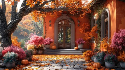 Wall Mural - Autumn landscape with soft orange and pink leaves, pastel colored pumpkins.