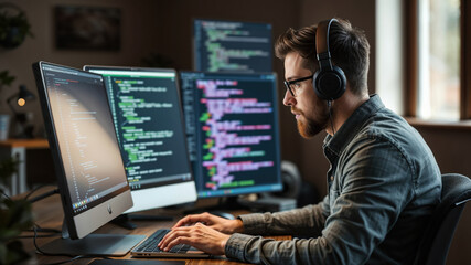 software developer wearing headphones is developing software in his office