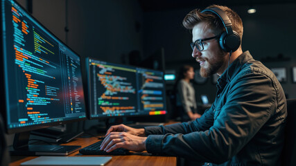 Software developer wearing headphones is developing software in his office