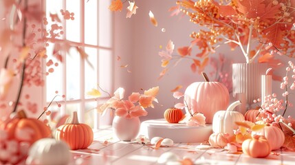 Wall Mural - Autumn landscape with soft orange and pink leaves, pastel colored pumpkins.