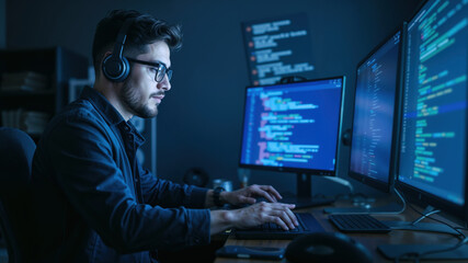 Software developer wearing headphones is developing software in his office
