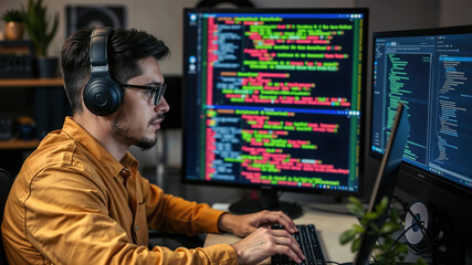 Software developer wearing headphones is developing software in his office