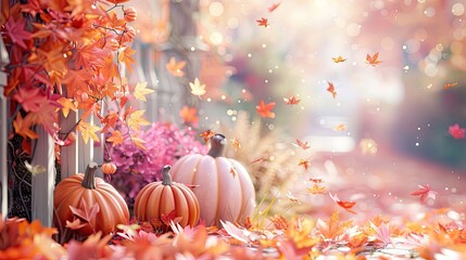 Wall Mural - Autumn landscape with soft orange and pink leaves, pastel colored pumpkins.