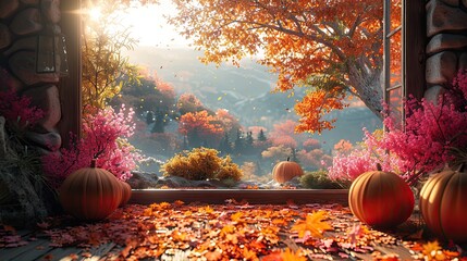 Wall Mural - Autumn landscape with soft orange and pink leaves, pastel colored pumpkins.