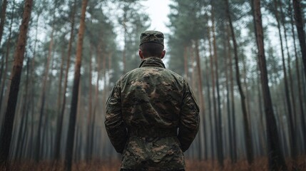 A man in a military uniform stands in a forest