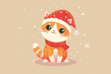 Festive cartoon cat in santa hat with falling snowflakes