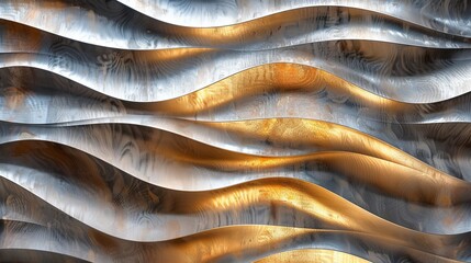 Wall Mural - wavy metal surface with golden highlights reflecting light in an abstract artistic design, showcasin