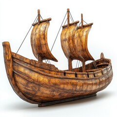 Wall Mural - A carved wooden model of a 15th-century ship isolated on white background. 