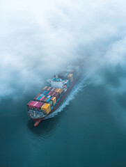 Container ship sailing on the ocean on a foggy day