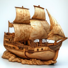 Wall Mural - A carved wooden model of a 15th-century ship isolated on white background. 