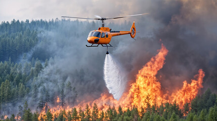 Helicopter fighting wildfire with water from sky