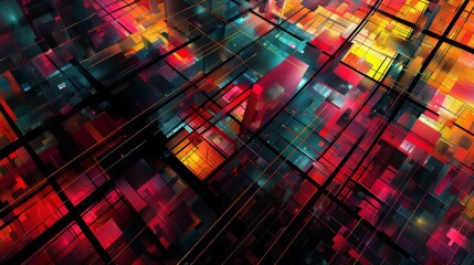 Wall Mural - Abstract geometric patterns in vibrant colors create a dynamic composition, highlighting depth and movement in digital art