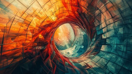 Wall Mural - Vibrant swirling tunnel with abstract patterns and dynamic colors reflecting light in an artistic representation of motion