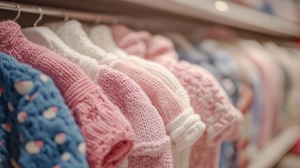 Wall Mural - A rack of baby clothes with a blue sweater with white dots hanging from it