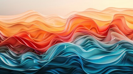 Wall Mural - Colorful flowing waves with gradients in shades of blue, orange, and red during a calm sunrise in a serene environment