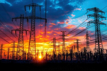 Silhouetted Power Lines Against a Fiery Sunset