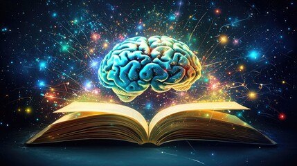 Wall Mural - a brain and a open book, magical lights, colors, illustration style