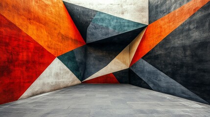 abstract geometric wall art with a concrete floor