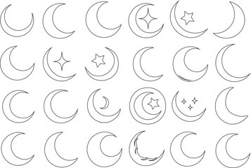 Wall Mural - crescent moon line art icon set, stars, celestial symbols, minimalistic design, vector set. simple m