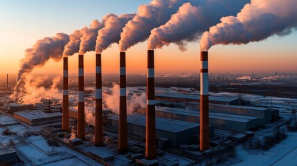 Canvas Print - Industrial power plant with multiple chimneys emitting smoke during sunset, highlighting environmental impact and air pollution over a snow-covered landscape.