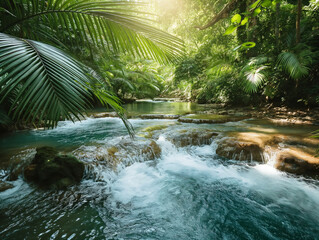 Wall Mural - A stream of water flows through a lush jungle. The water is clear and the trees are green