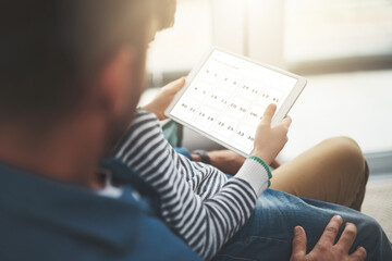 Canvas Print - Screen, game and child with tablet by man for educational, entertainment or help learning numbers. Home, family and little boy with tech by father in living room for problem solving, logic or support